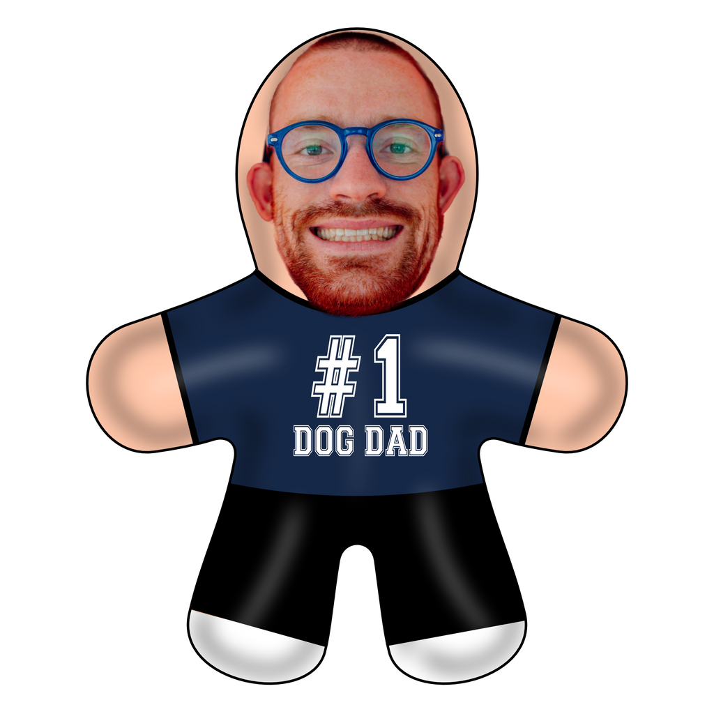 Personalized cut to shape cushion of a person wearing a blue t-shirt with the caption #1 Dog Dad