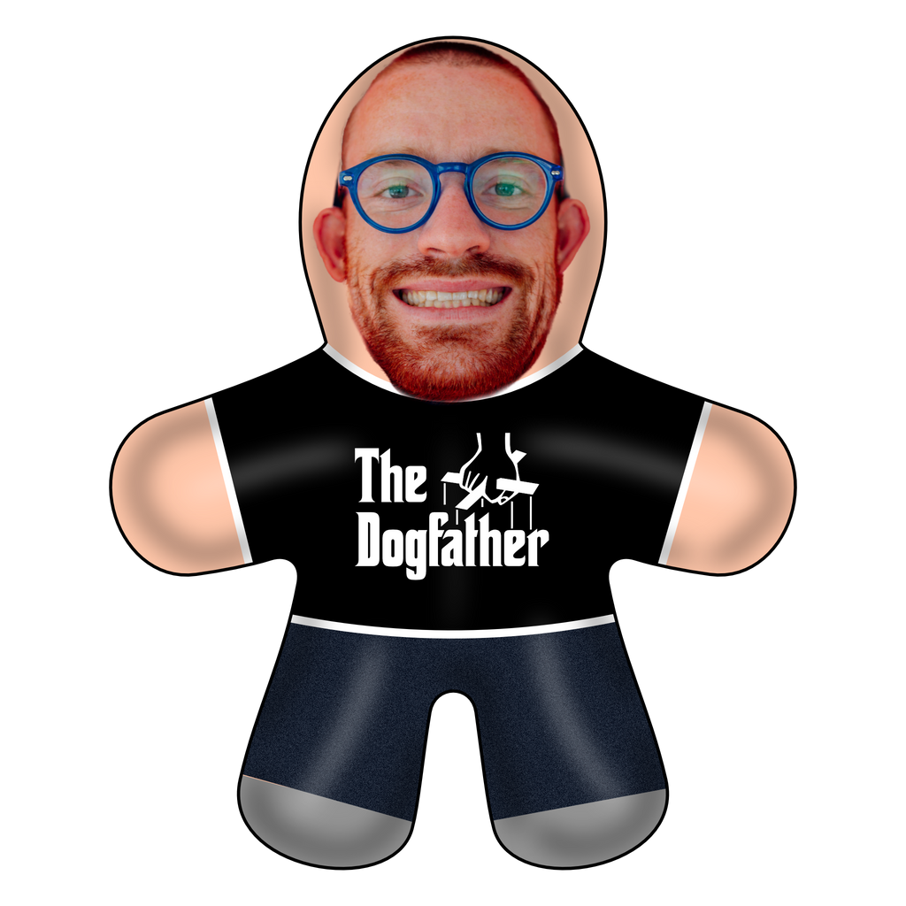 Personalized cut to shape cushion of a person wearing a black t-shirt with the slogan The Dogfather