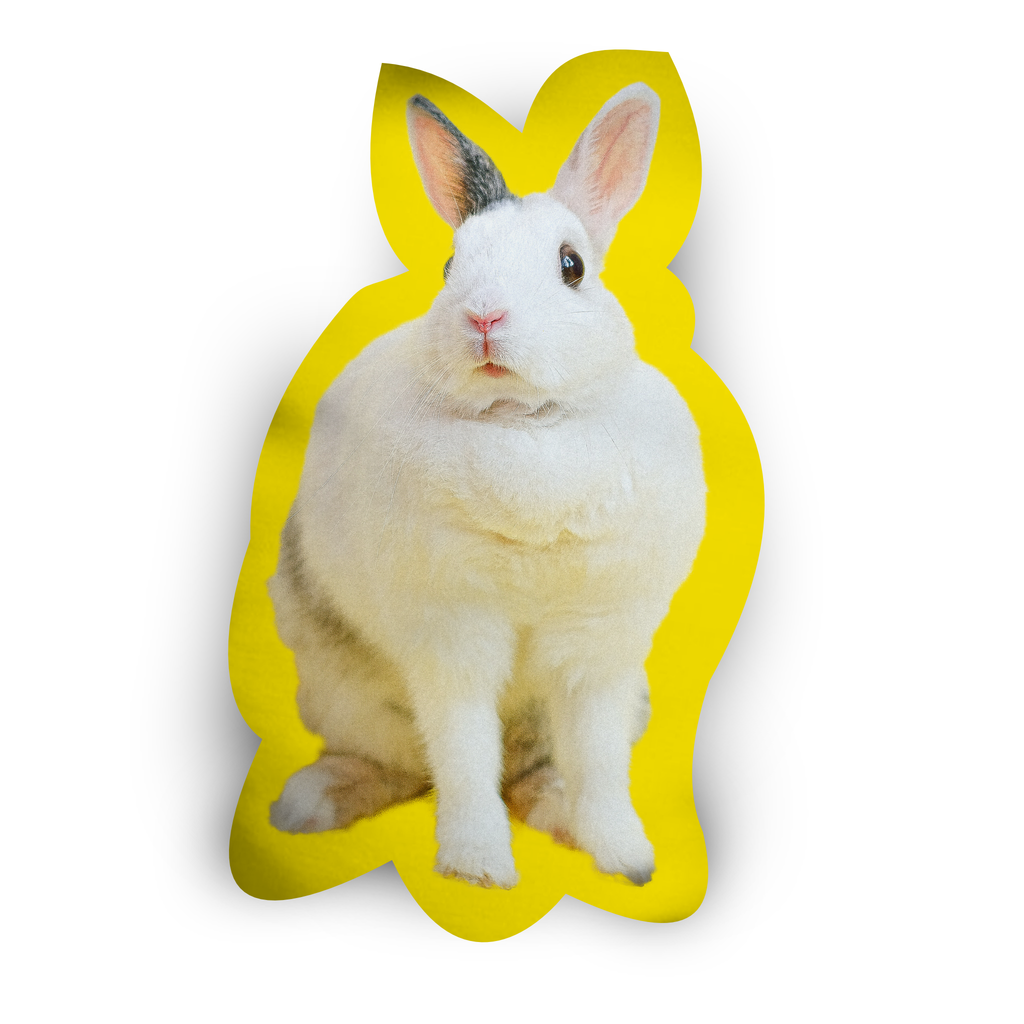 Yellow cut to shape cushion showing a white rabbit
